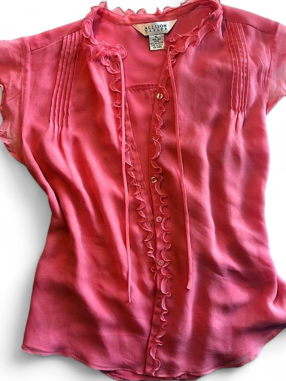 Y2K Vintage Allison Taylor 100% Silk Pink Ruffle Tie Neck Blouse size XL